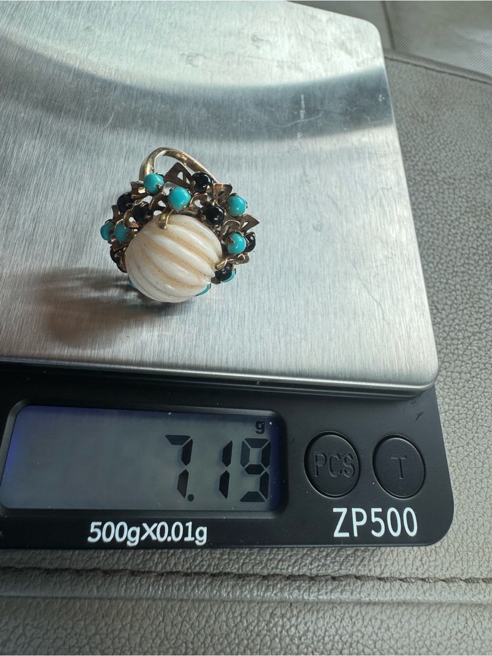 18K Yellow Gold Angel Skin Coral & Turquoise Ring Size 7